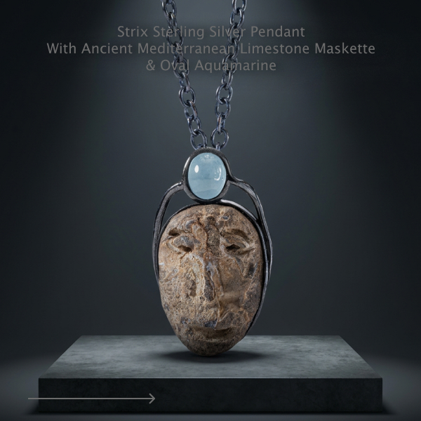 Strix Sterling Silver Pendant with Ancient Mediterranean Limestone Maskette & Oval Aquamarine