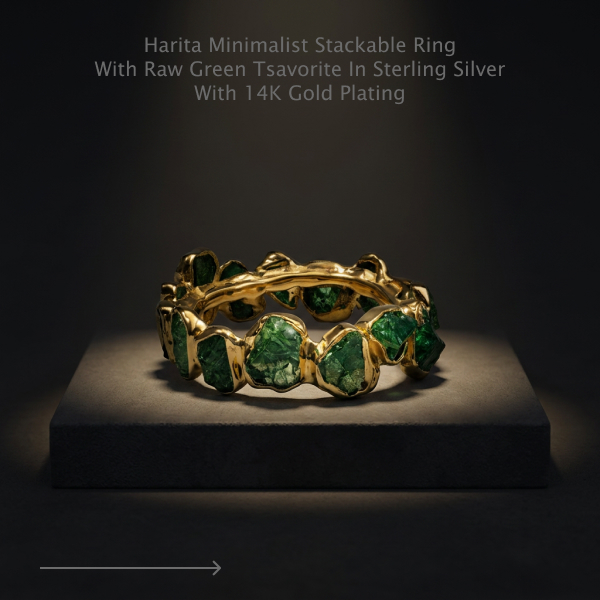 Harita Minimalist Stackable Ring with Raw Green Tsavorite in Sterling Silver with 14K Gold Plating