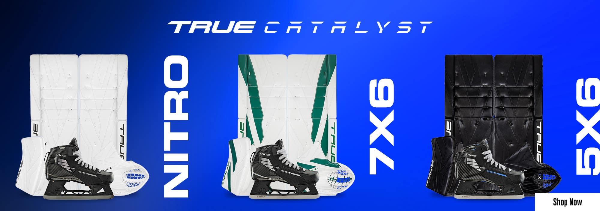True Catalyst Goalie Equipment. Nitro, 7X6, and 5X6.