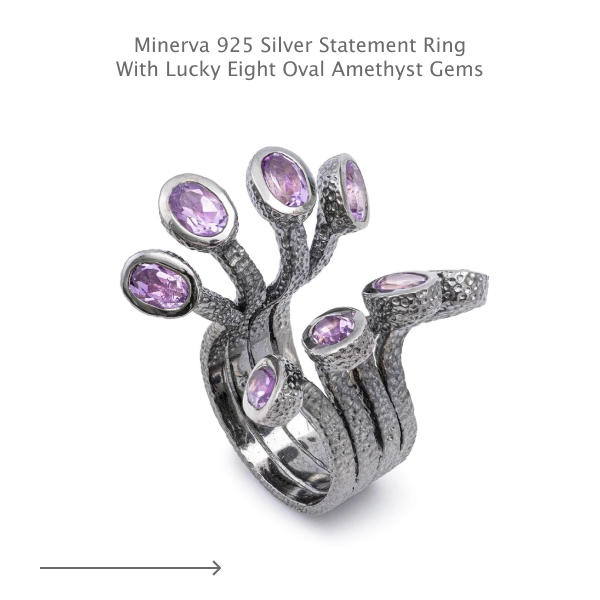 Minerva 925 Silver Statement Ring with Lucky Eight Oval Amethyst Gems