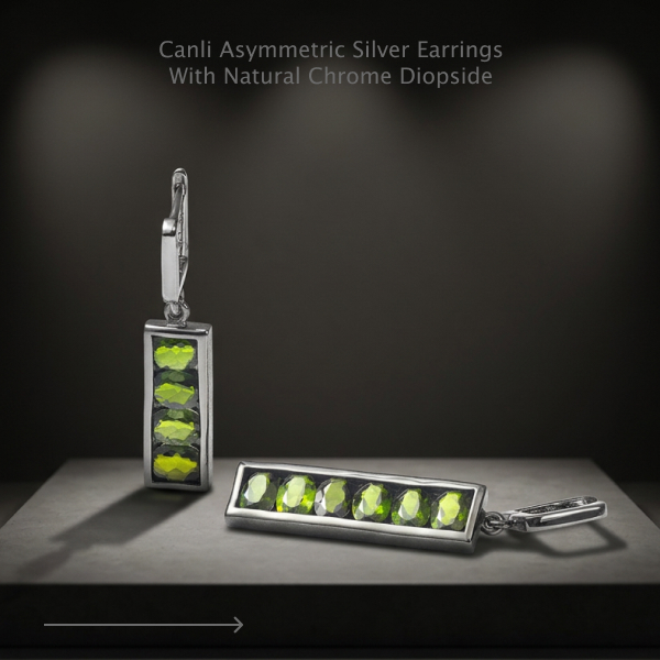 Canli Asymmetric Silver Earrings with Natural Chrome Diopside