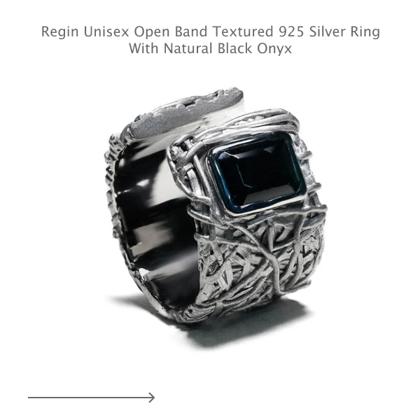Regin Unisex Open Band Textured 925 Silver Ring with Natural Black Onyx